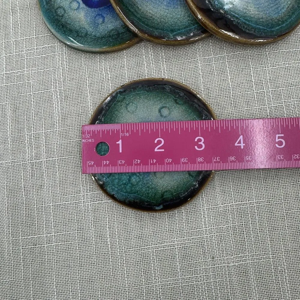 Artisan Pottery Coasters Studio Art Blue Green Coastal Beachy Set Of 4